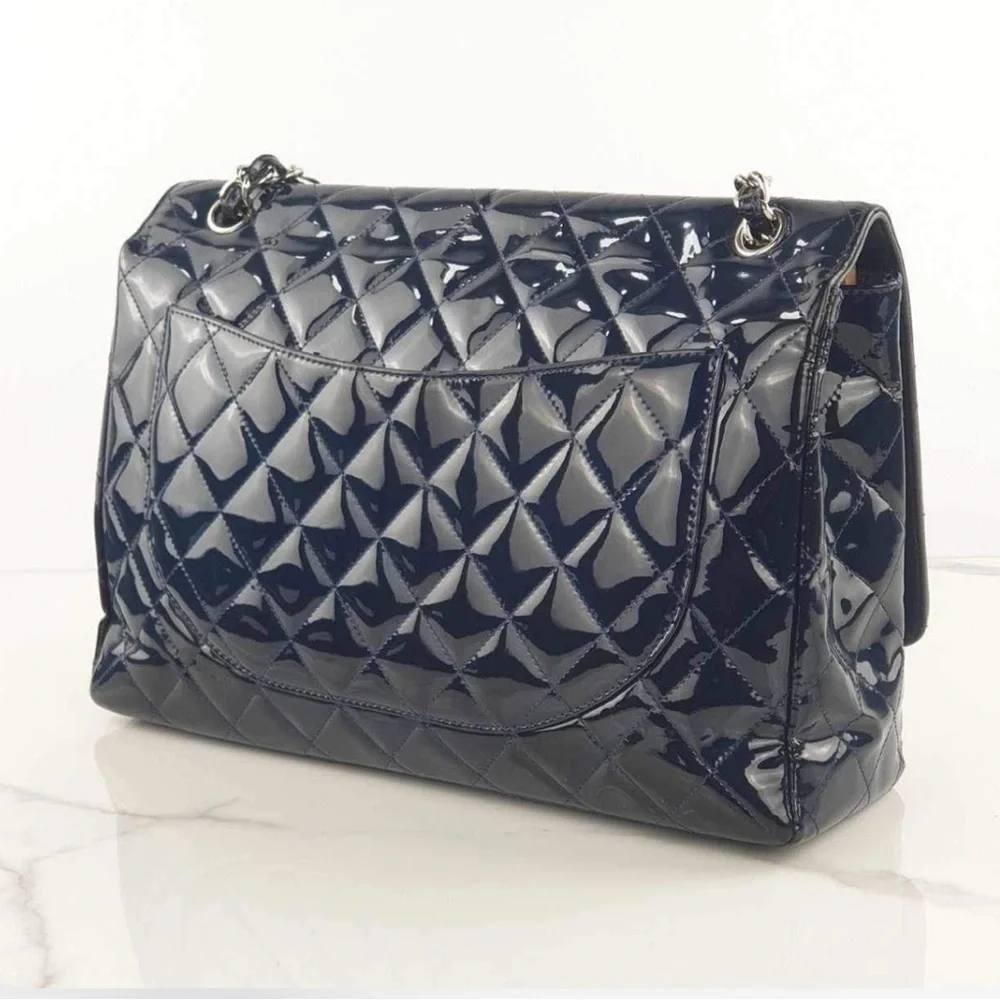 Chanel Navy Quilted Patent Leather Jumbo Maxi Bag - Picture 2 of 13